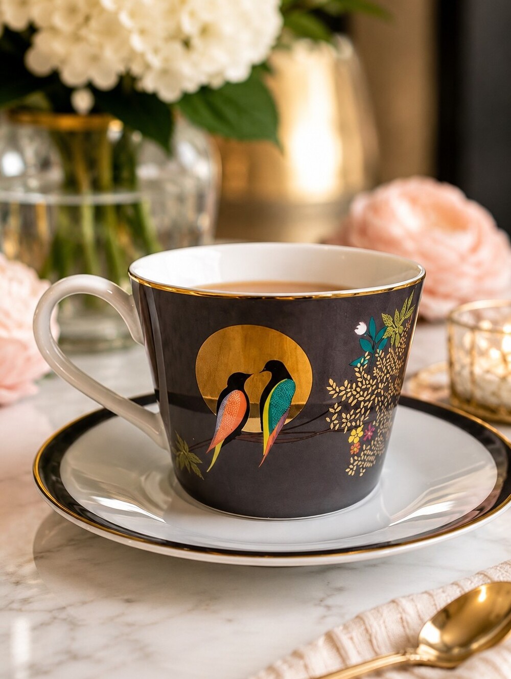 Sara Miller London Portmeirion Chelsea Teacup & Saucer Love Birds Dark Grey Gold